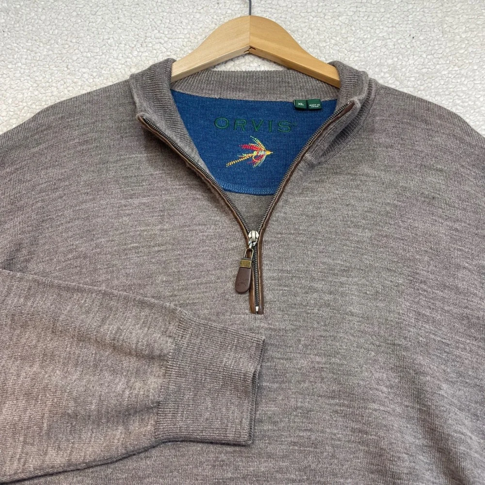 Orvis Sweater Mens XL Brown 100% Merino Wool Quarter Zip Pullover 9G6T 691690